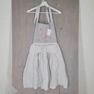 Bunny Tales Apron OS Gray White Striped Embroidered Rabbit Floral Cotton